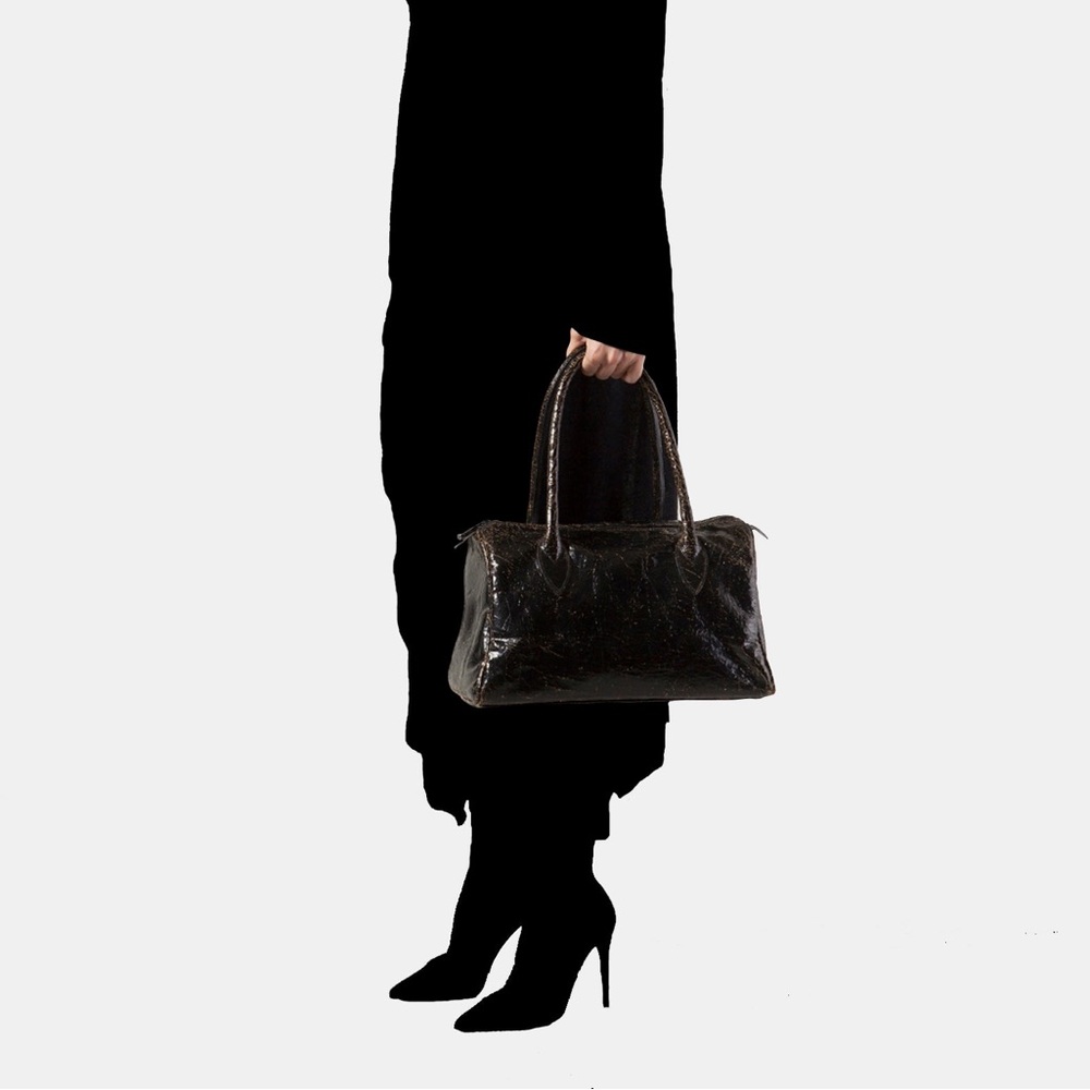 Marc Marmel Roberta Chic Black Distressed Crackle Leather Doctor Satchel Bag